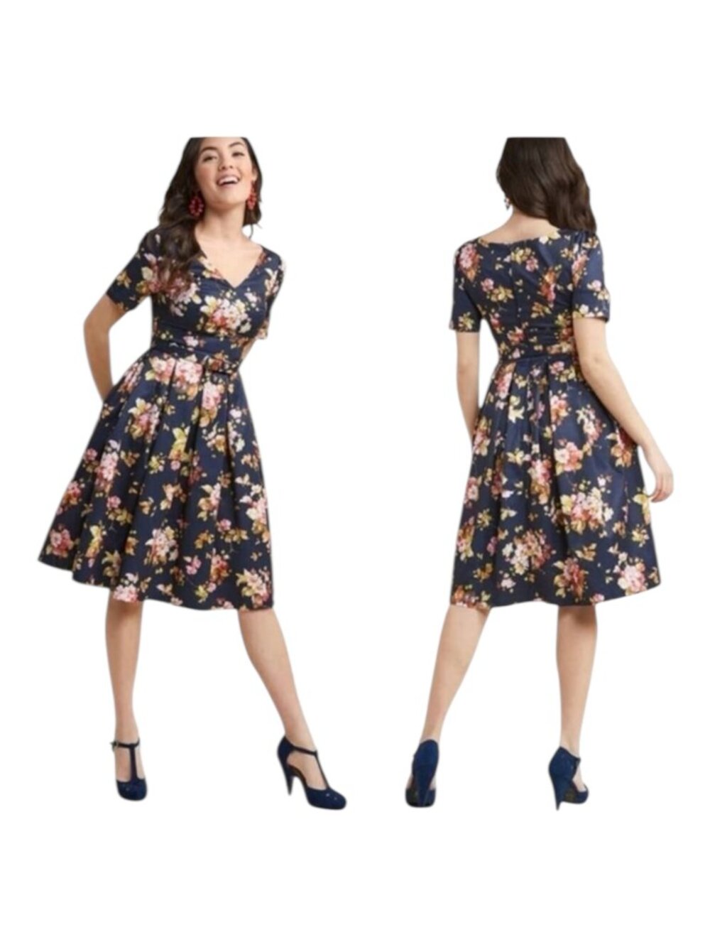 Modcloth Elegant Instance Fit And Flare Floral Twee Feminine Dress